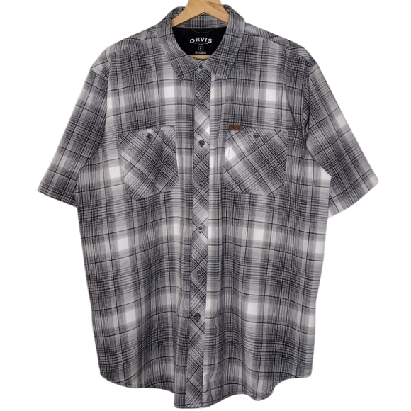 Orvis Men's Gray Plaid Short Sleeve Classic Casual Button Down Shirt Sz L - Picture 1 of 13